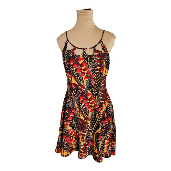 Molly Bracken Red Yellow Floral Leaf Mini Dress Fit & Flare Sz S - Picture 1 of 10